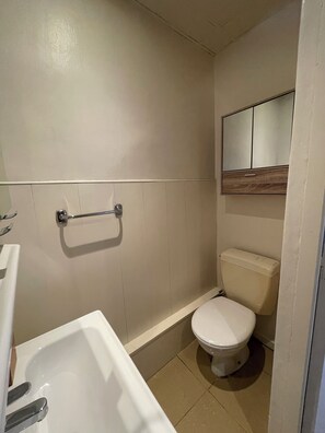 Dusj, hårføner, håndklær og toalettpapir