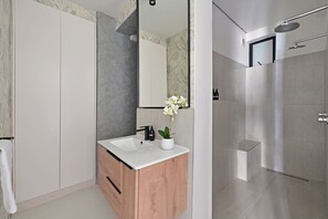 Shower, hair dryer, bidet, towels