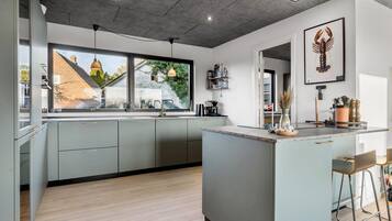 Fridge, stovetop, dishwasher, coffee/tea maker