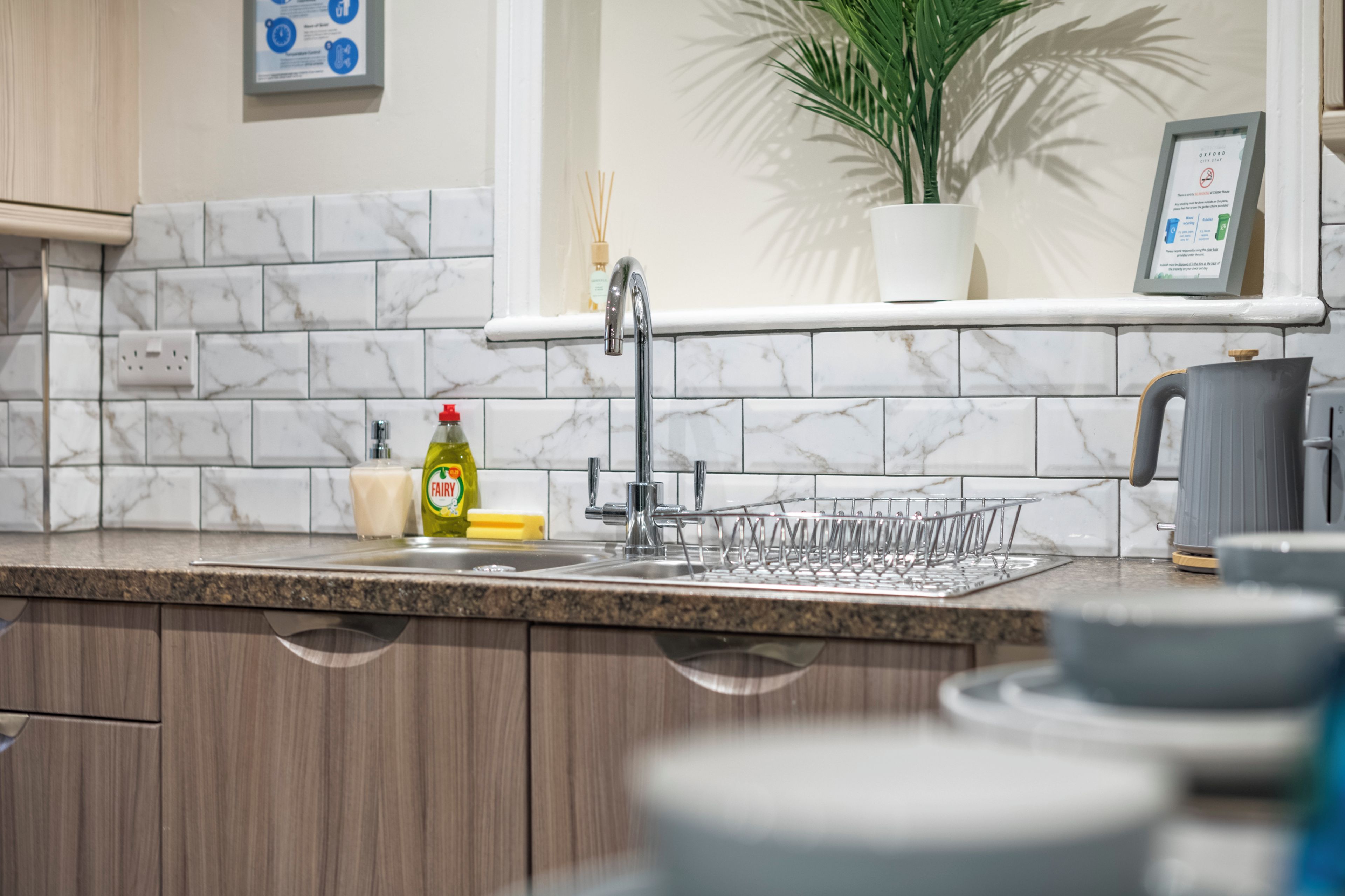 A kitchen with a marble backsplash, a sink with a dish rack, a potted plant, and a coffee machine.