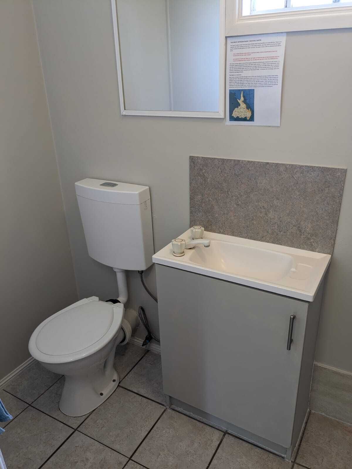A bathroom with a toilet, sink, and cabinet.