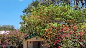 Una piccola casa con tetto verde e veranda, circondata da vegetazione fitta e piante in fiore.