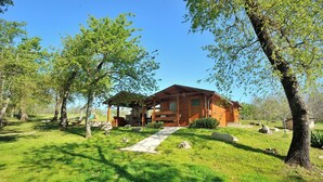 A wooden cabin with a covered porch, surrounded by lush greenery and trees. - Casa Robinson Nature Wifi Istria Croazia (Vizinada)