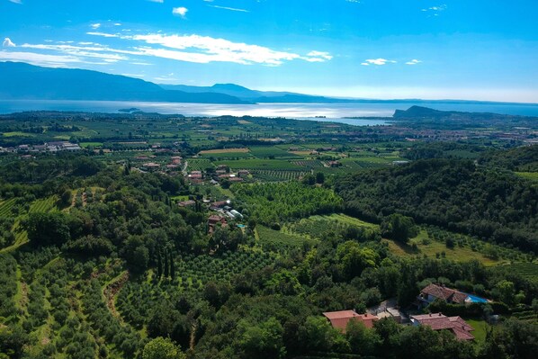 Vue aérienne d’une zone rurale avec des vignobles, des maisons et un lac.
