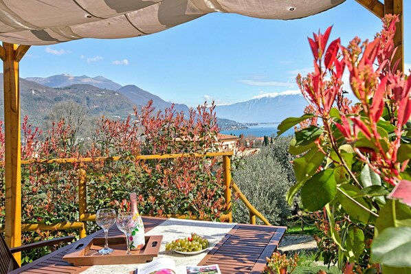 A table with a bottle, wine glass, and grapes, set against a backdrop of mountains and a lake.