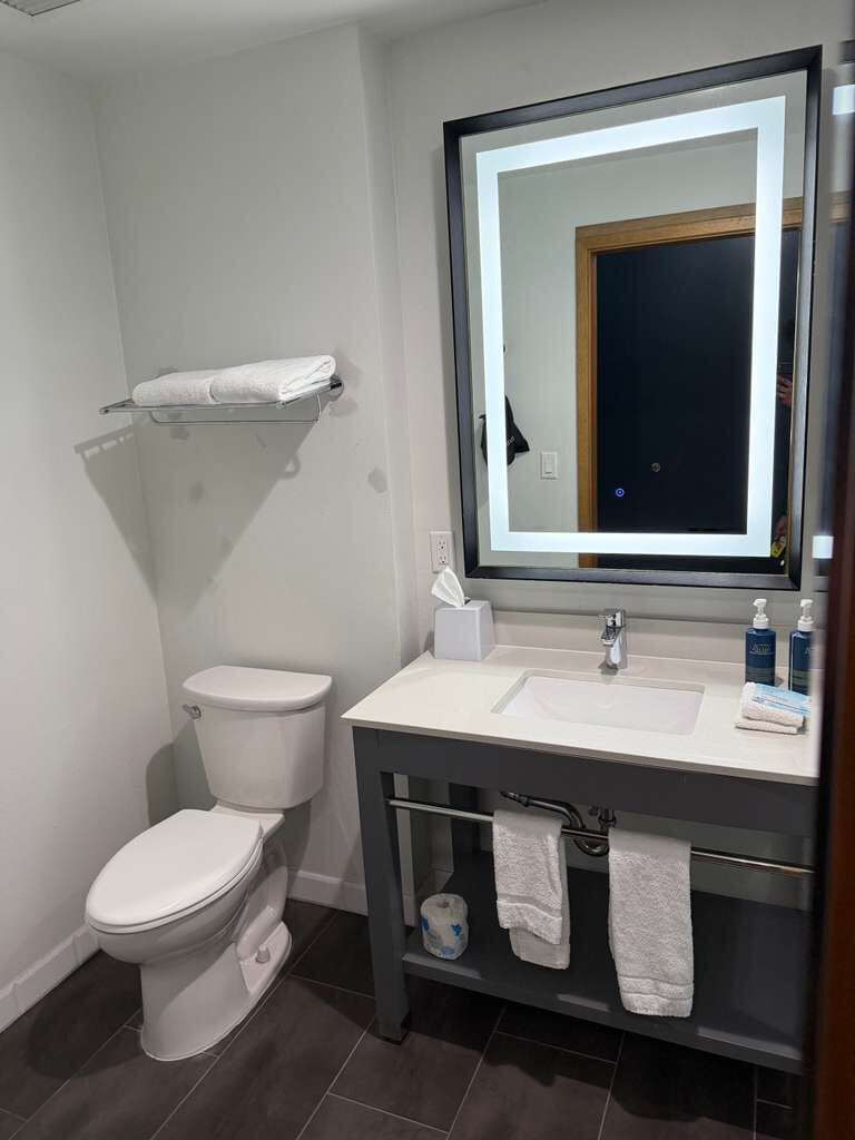 Un baño con inodoro, lavamanos, espejo y toallero.