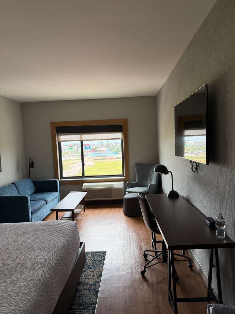 A hotel room with a bed, a desk, a chair, a sofa, a TV, and a window with a view.