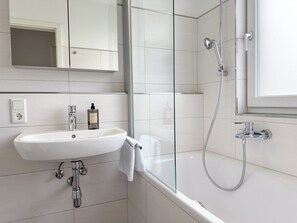 Hair dryer, towels, soap