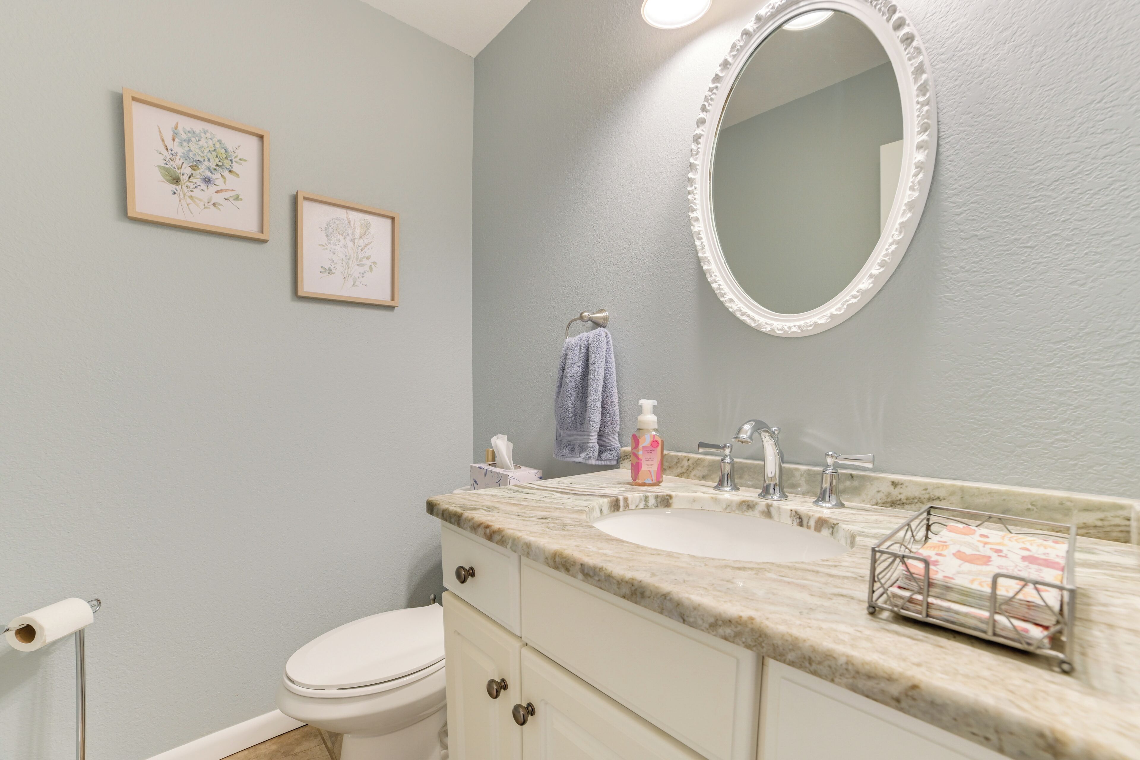 A bathroom with a white toilet, a sink with a marble countertop, a mirror with a decorative frame, and two framed floral pictures on the wall.