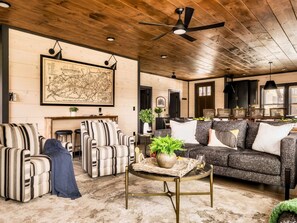 TV, fireplace, video games, DVD player