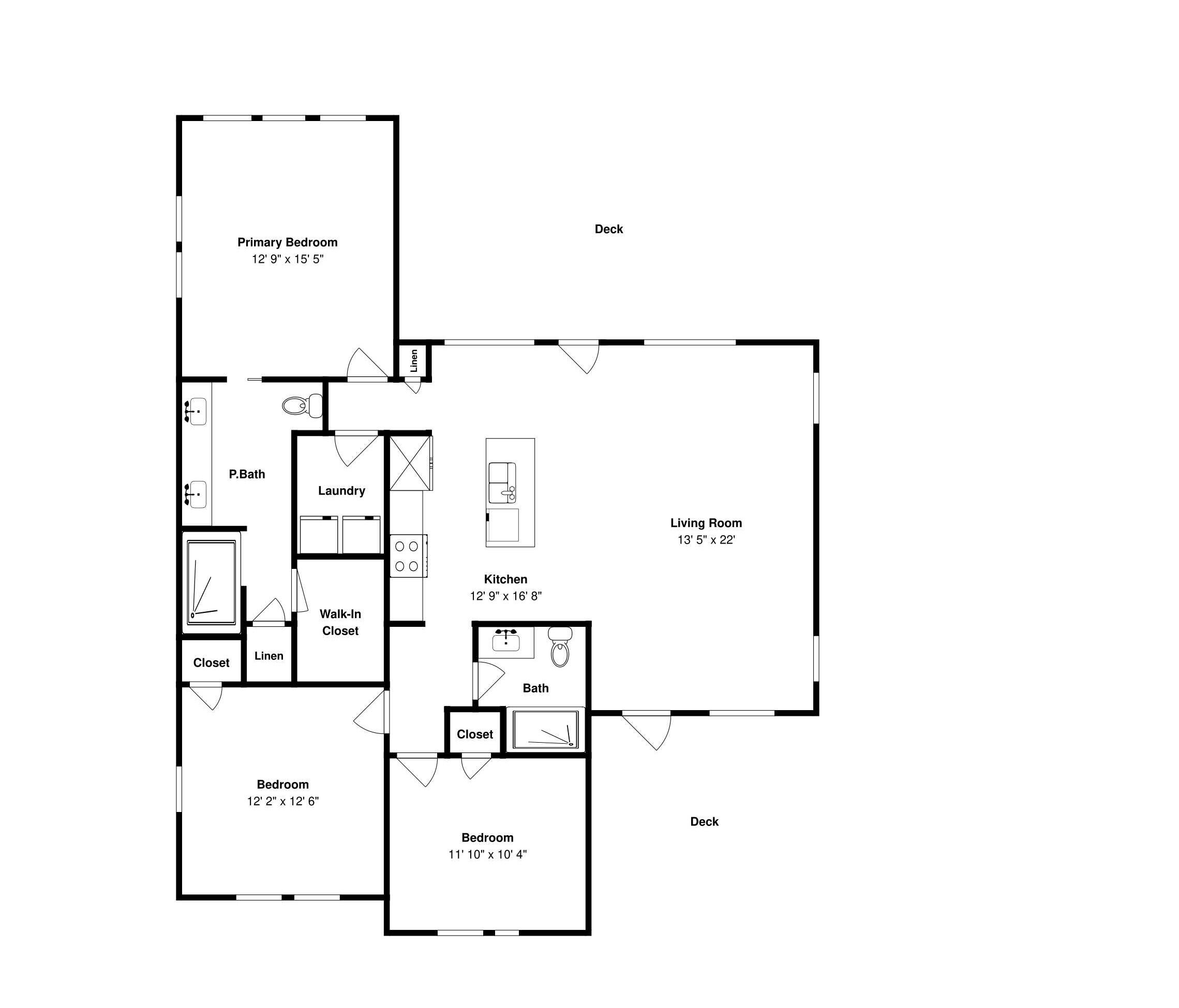 A floor plan of a house with a primary bedroom, two bedrooms, a living room, a kitchen, a bathroom, a laundry room, and a closet.