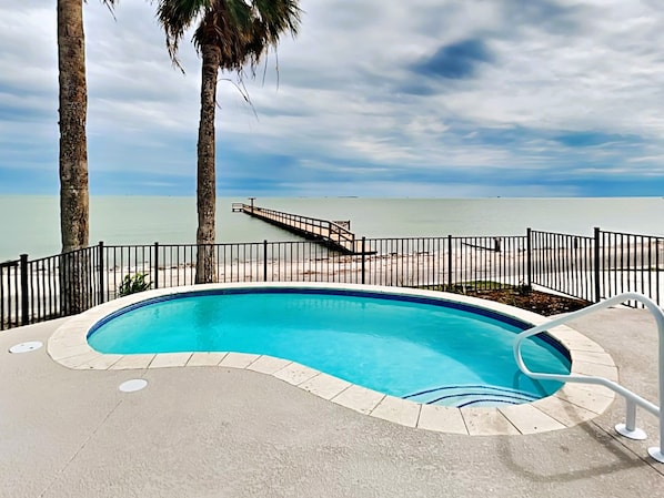 A swimming pool with a view of the ocean, surrounded by a fence and palm trees.