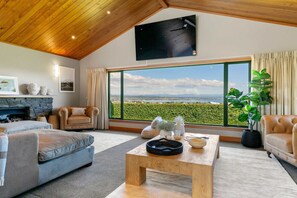 Un salon spacieux doté d’une grande fenêtre donnant sur un vignoble, d’une cheminée et de sièges confortables.