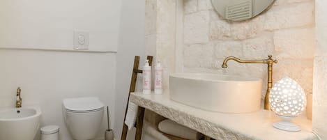 Regadera, secadora de cabello, bidet, toallas