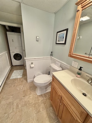 A bathroom with a toilet, sink, and mirror. There is a washing machine in the corner. - Grandview Lakefront Limit 9 4 Bedroom Home (Sebago)