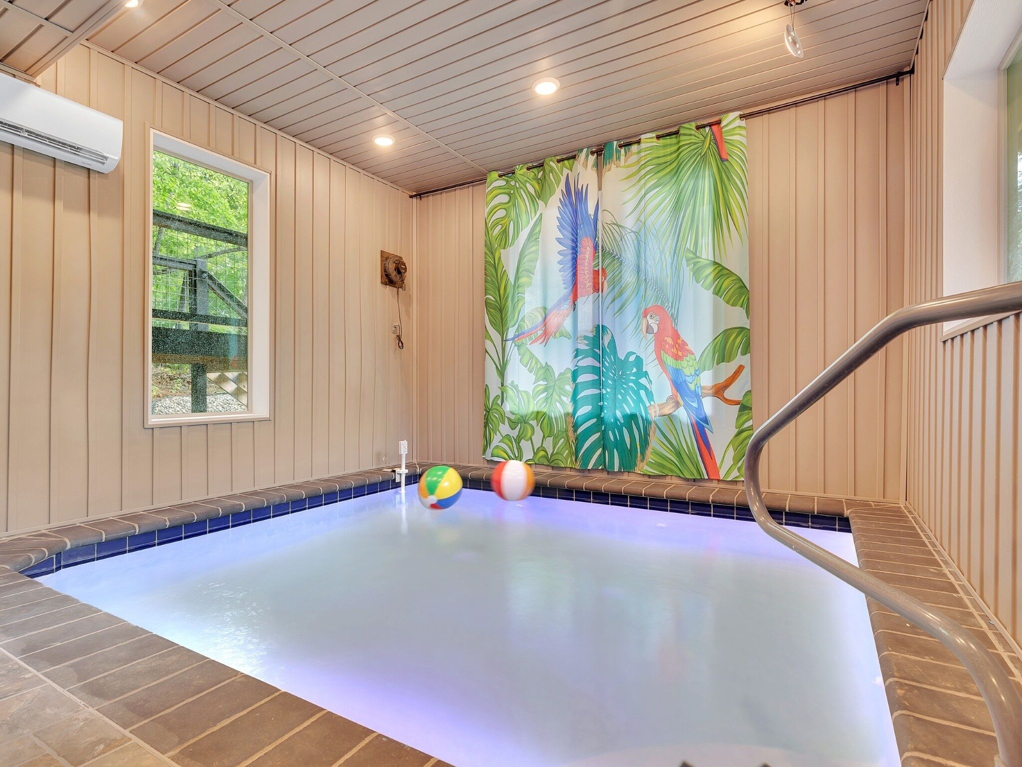 A swimming pool with a tropical mural, wooden panel walls, and a clear view of a bridge outside.