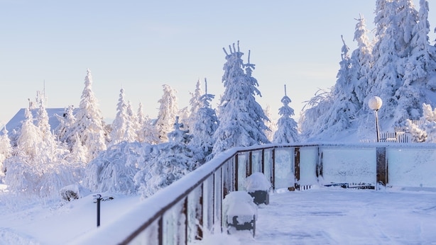 Un paysage enneigé, avec une rambarde en métal et des arbres chargés de neige.