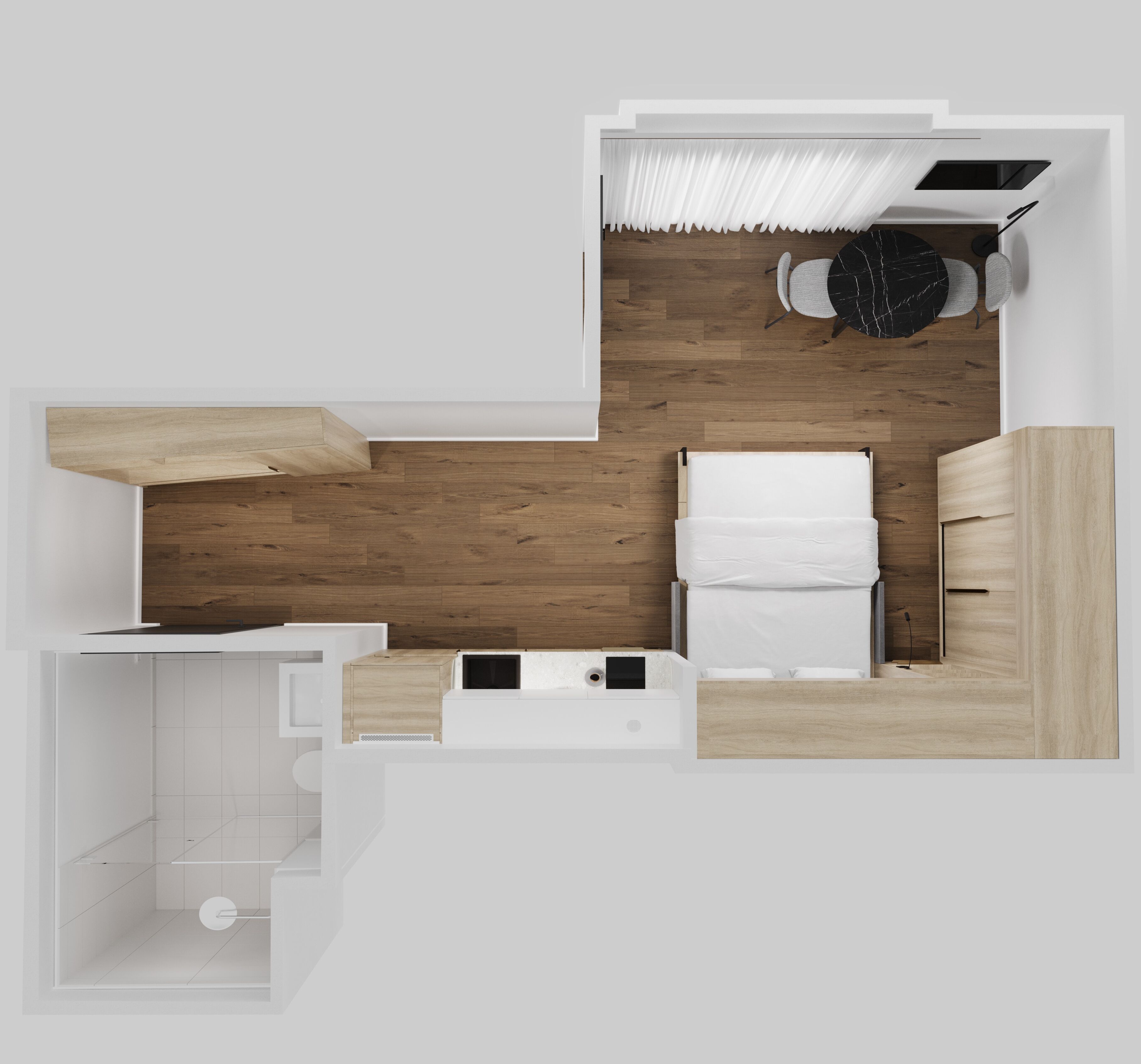 A modern, compact bedroom with a bed, bedside tables, a small desk, and a window with curtains.