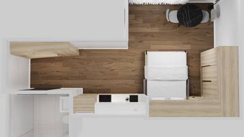 A modern, compact bedroom with a bed, bedside tables, a small desk, and a window with curtains.