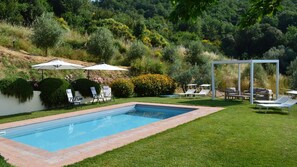 A rectangular swimming pool with a brick border, surrounded by a well-maintained lawn. There are lounge chairs and umbrellas arranged for relaxation. - Podere Terrena 10, Gaiole in Chianti, Siena and Chianti (Gaiole in Chianti)
