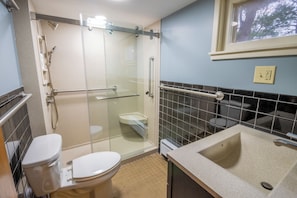 Shower, hair dryer, towels