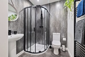Shower, hair dryer, towels, toilet paper