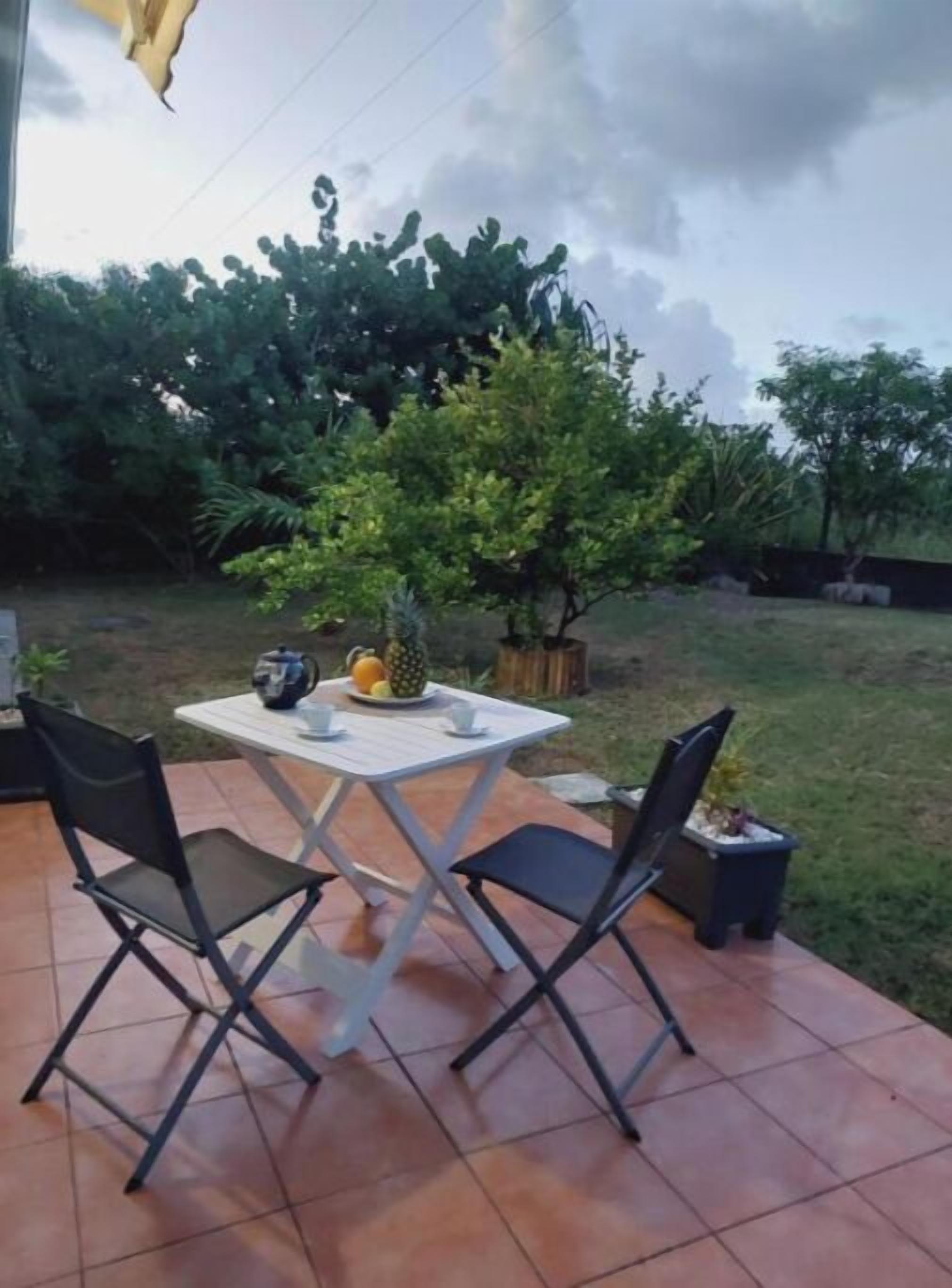 An outdoor patio with a table and two chairs, surrounded by greenery and a cloudy sky.