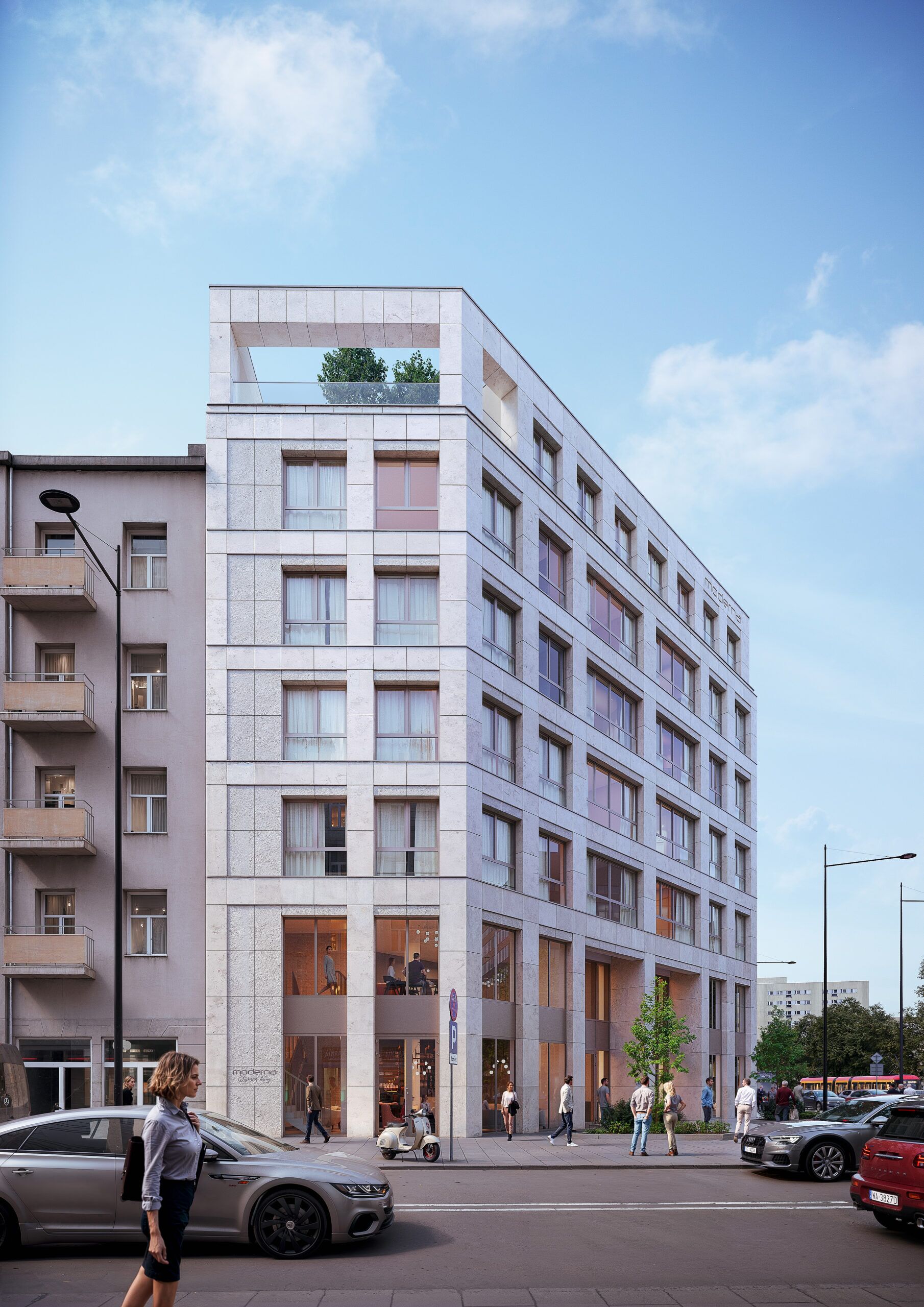 Ein modernes, mehrgeschossiges Gebäude mit flacher Fassade, großen Fenstern und einem markanten Eingang.