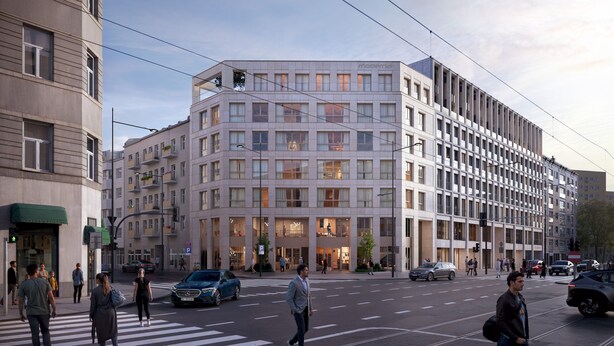 A modern multi-story building with a prominent entrance and large windows. - Chronos - Warszawa Wola by Downtown Apartments (Warsaw)