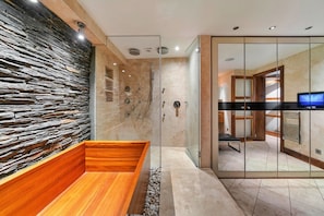 Shower, hair dryer, towels