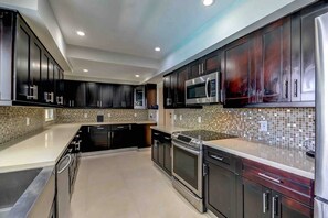 A modern kitchen with dark cabinetry, a microwave, a stove, and a dishwasher. - Luxury Resort • Gym, Cold Plunge, Jacuzzi & Sauna (Miami)