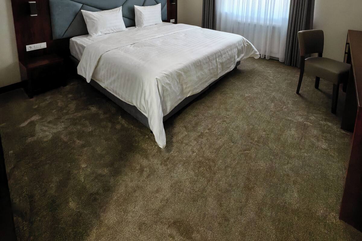 A hotel room with a large bed, a nightstand, a desk, and a chair.