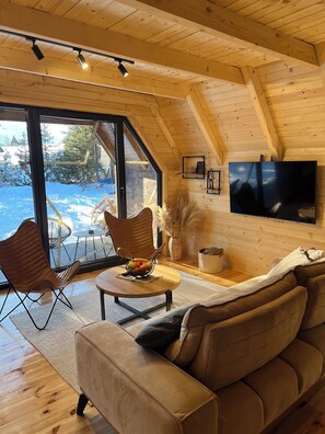 Chalet Confort, patio, vistas a la montaña | Zona de estar | Televisión de pantalla plana de 42 pulgadas con canales digitales