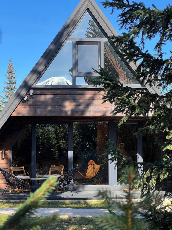 A modern house with a triangular roof, large windows, and a patio with outdoor furniture. - Mountain homes Durmitor 2 (Uskoci)