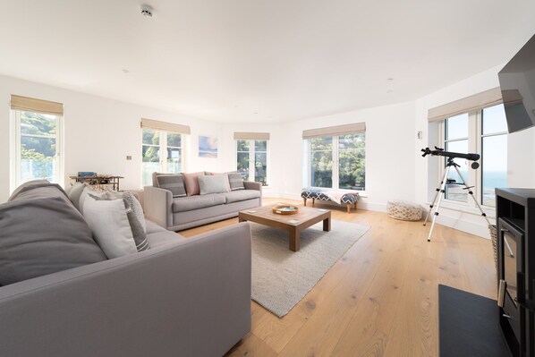 TV, fireplace - Three bedroom pet friendly holiday apartment sleeping 6 in Lynmouth, boasting stunning sea views (Lynmouth,)