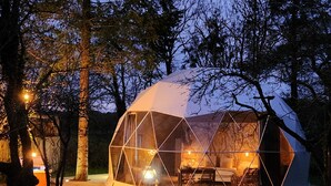 Una estructura de domo geodésico con una mesa y sillas en su interior, rodeado de árboles.