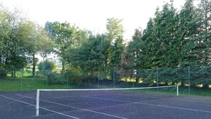 Una cancha de tenis al aire libre rodeada de árboles y una valla.