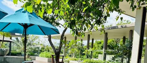 Una terraza al aire libre con piscina, sillas de descanso y sombrillas.