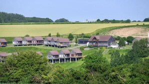 A row of wooden cabins with a large building in the background, set in a green landscape with fields and trees.