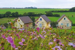 A row of rustic wooden houses with visible windows and doors, set in a lush green field with wildflowers. - Wooden Chalet in Abbeville near Somme Bay (Grand-Laviers)
