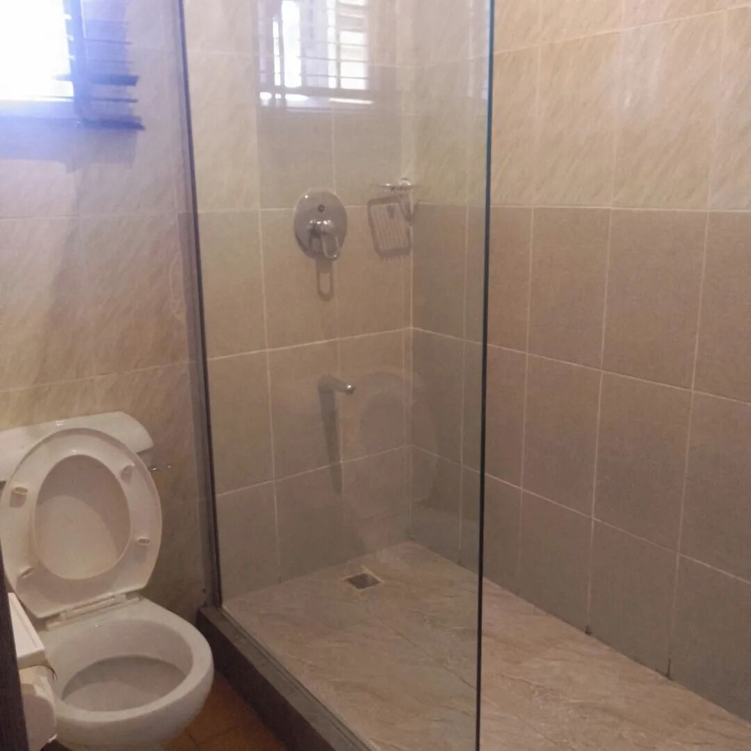 Une salle de bain avec une douche à parois de verre, des toilettes et un lavabo.