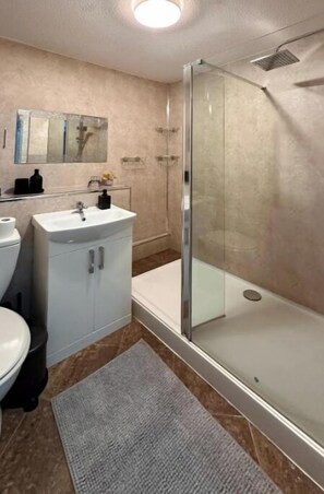 Hair dryer, towels, soap, toilet paper