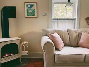 Smart TV, chimenea y libros 