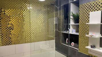 Shower, hair dryer, bidet, towels