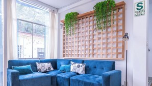 A modern living room with a blue sectional sofa, a wooden lattice wall, and a hanging plant. - Di Costa Hoteles (Piura)