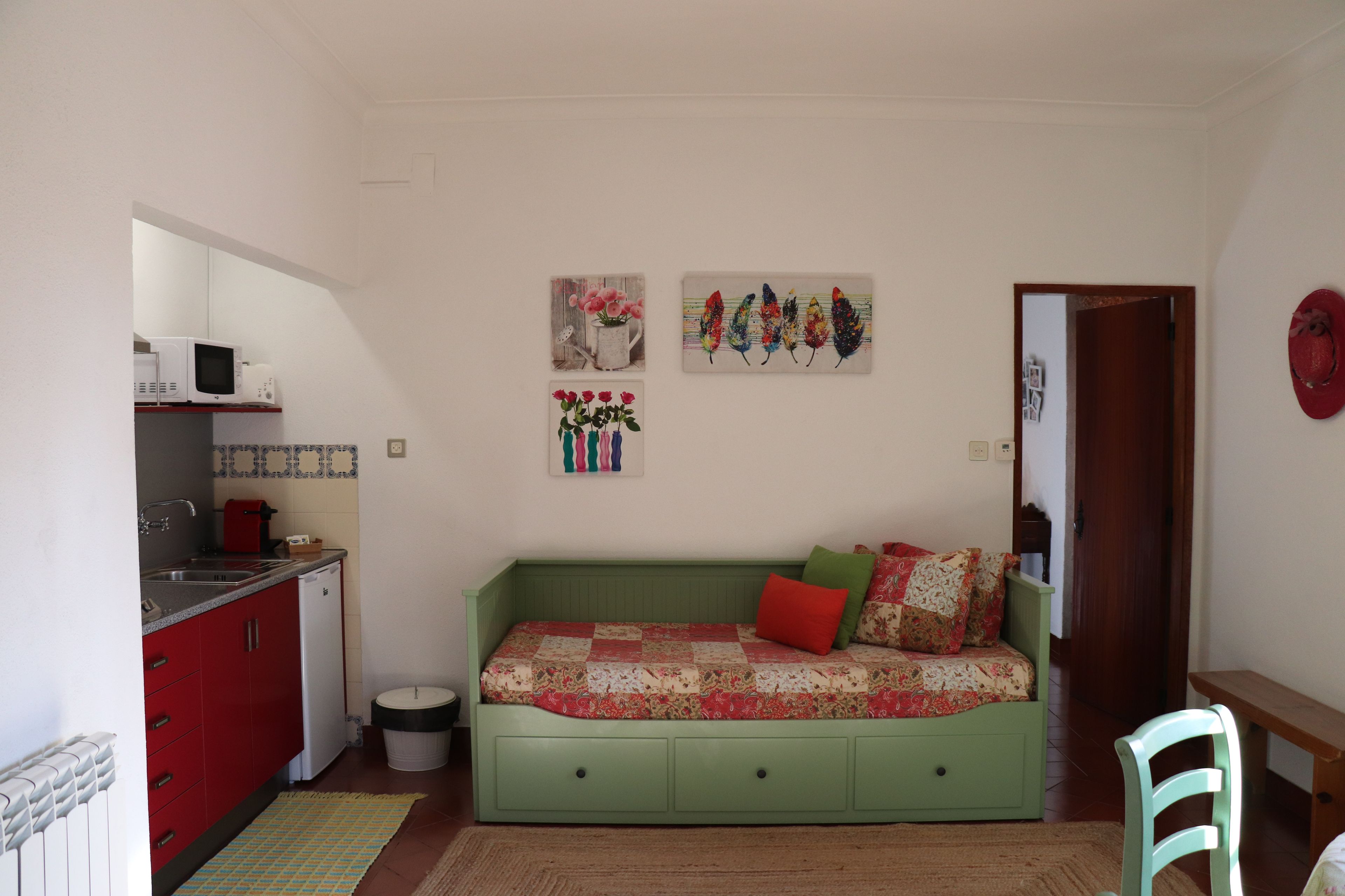Ett kompakt bostadsutrymme med ett litet kök, en grön soffa med blommiga kuddar och konst på väggen.