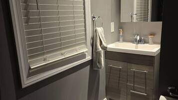 Hair dryer, towels, soap, shampoo