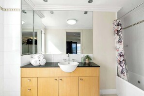 Shower, hair dryer, shampoo