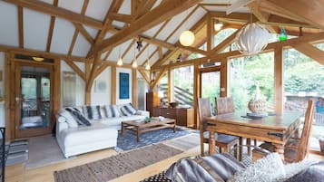 Smart TV, fireplace, DVD player, books