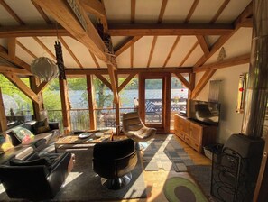 Smart TV, fireplace, DVD player, books